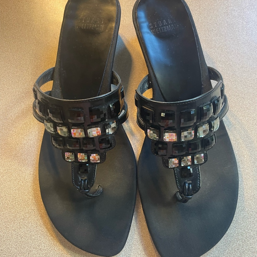 Stuart Weitzman Black Thong Sandals with Studded Straps